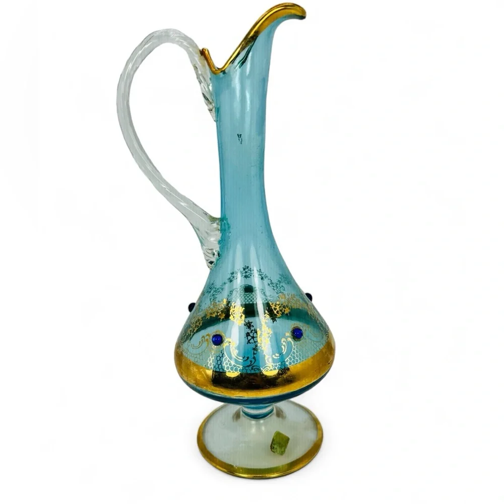Empoli Italy Glass Aqua Blue Jeweled Decanter Mid Century No Stopper VTG